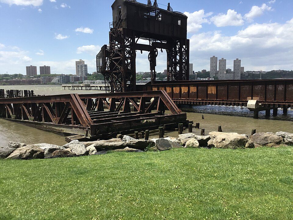 The 69th Street Transfer Bridge gantry on the Hudson River in Riverside Park South, Manhattan