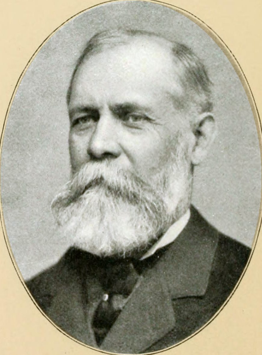 Oval portrait of Albert S. Bickmore, an older man with a full white beard and dark coat
