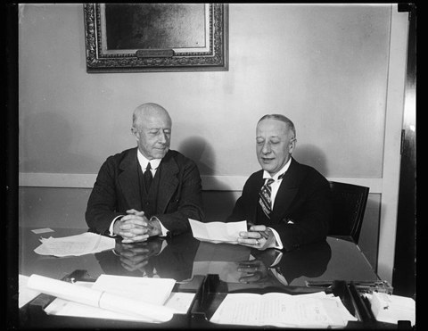 Alfred E. Smith with Navy Secretary Charles Francis Adams in 1929.