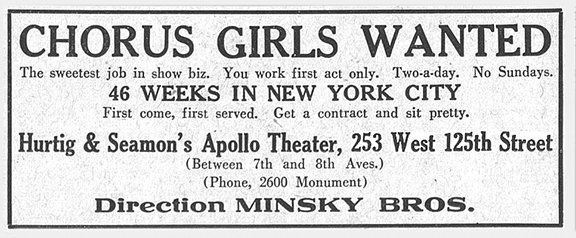 1928 notice seeking chorus girls for Hurtig and Seamon's Apollo Theater under Minsky Bros.
