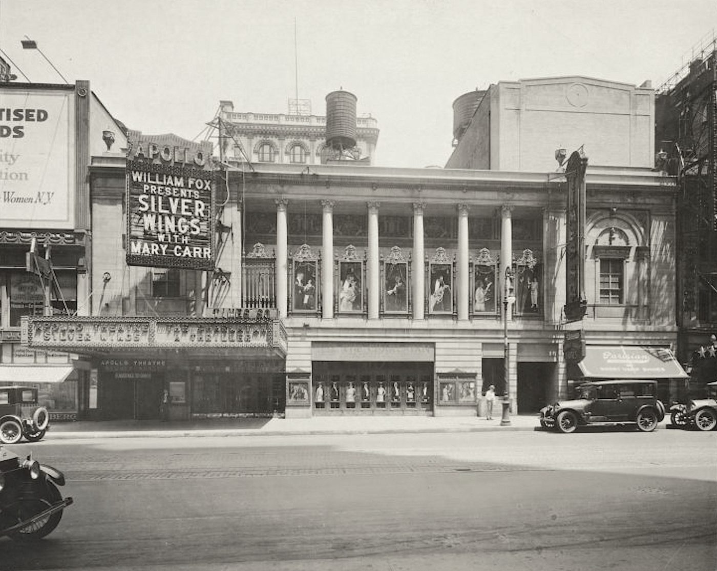 The Apollo Theatre entrance and the Times Square Theatre on the north side of West 42nd Street in Manhattan, historic photograph