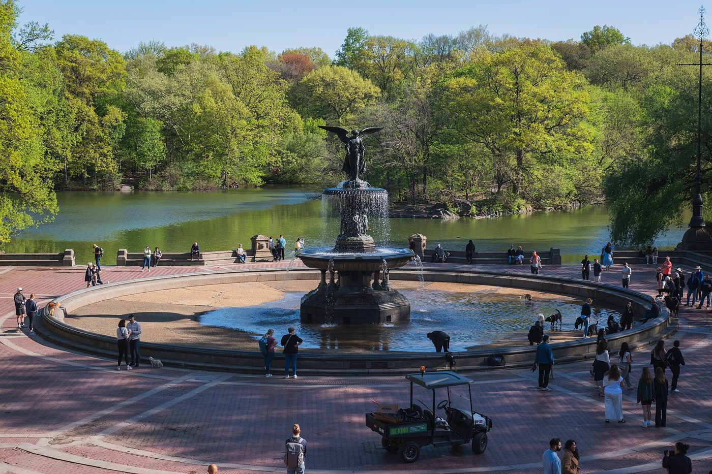 Bethesda Fountain with its bronze Angel of the Waters in a stone plaza beside the Lake in Central Park, with trees in leaf behind
