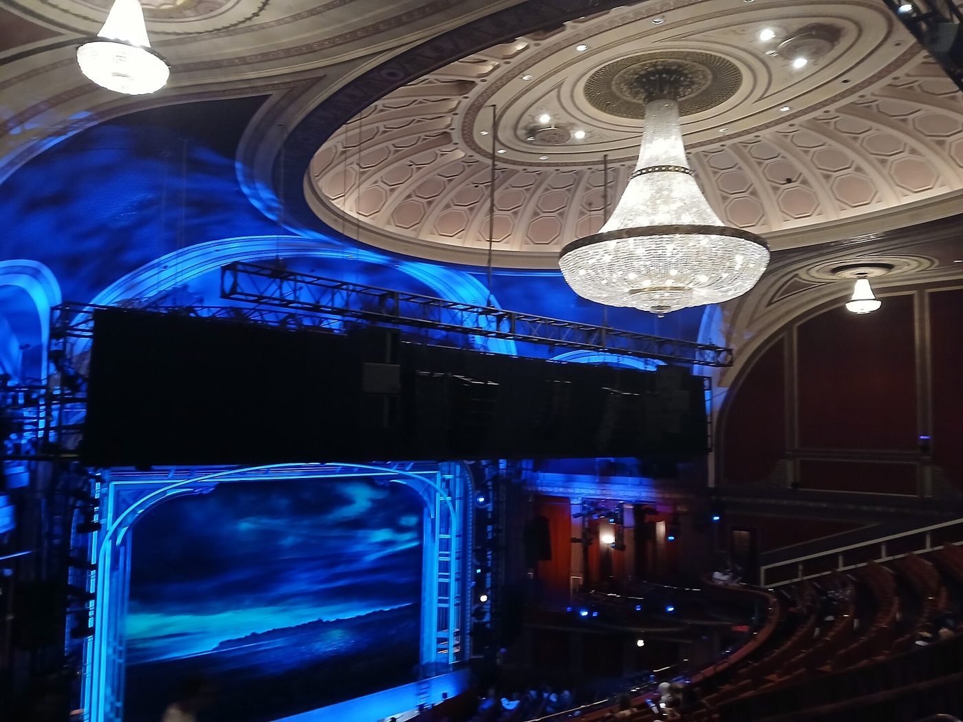 The decorated dome and chandelier of the Broadway Theatre auditorium on 53rd Street in Manhattan, May 2025