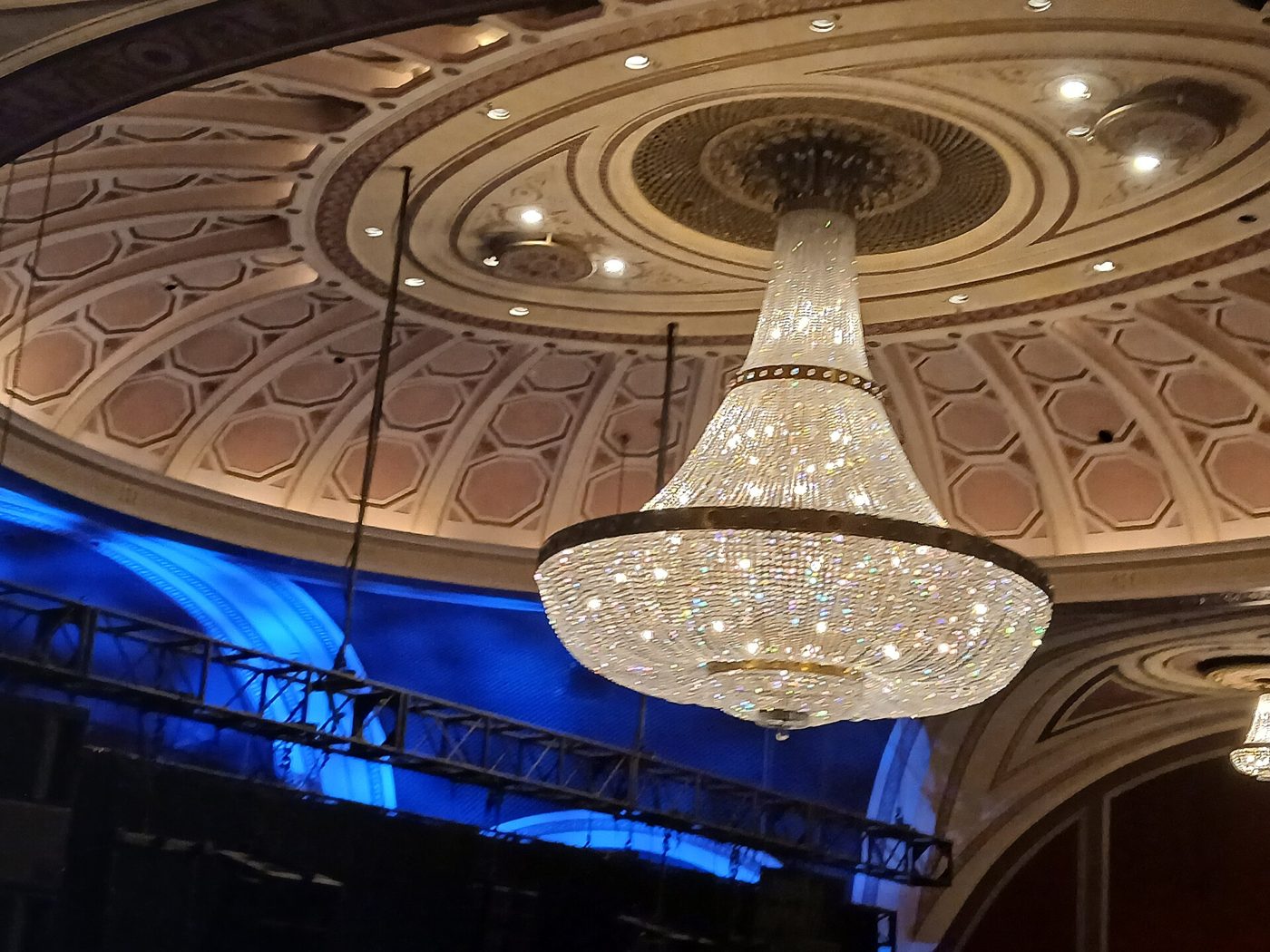 The chandelier and plaster dome in the Broadway Theatre in Manhattan, May 2025