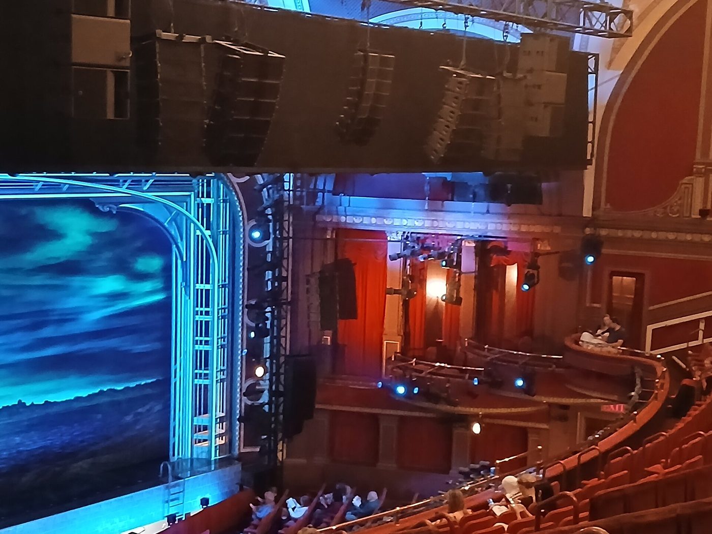 The stage and mezzanine boxes of the Broadway Theatre at 53rd Street in Manhattan, May 2025