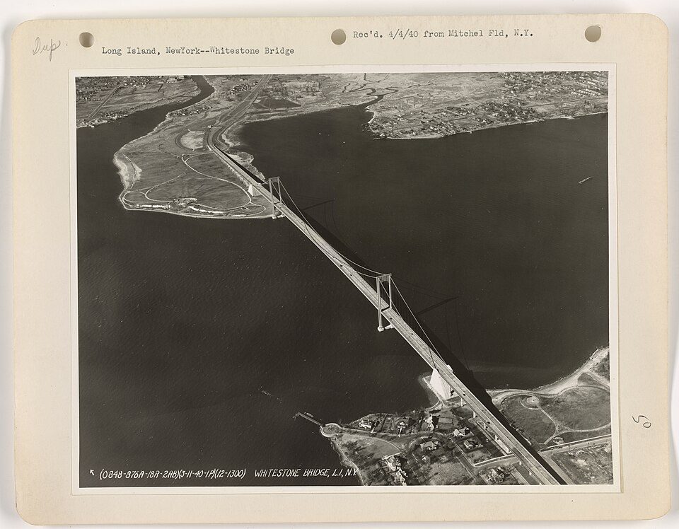 Aerial photograph of the Bronx-Whitestone Bridge and the Ferry Point peninsula, National Archives