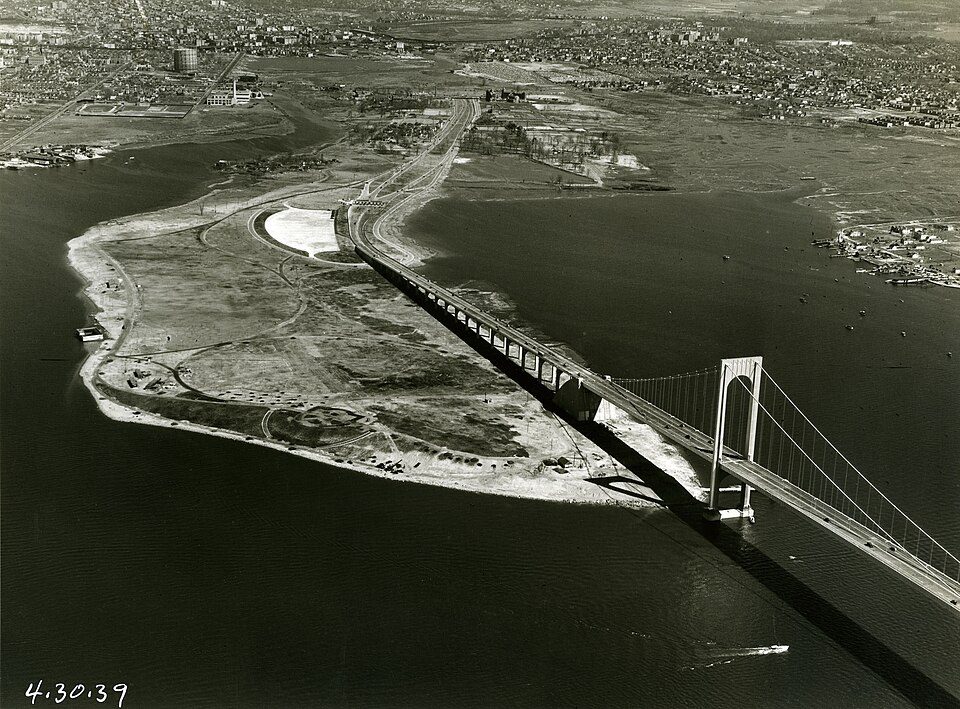 Aerial view of the Bronx-Whitestone Bridge and the Ferry Point peninsula in the Bronx, from the MTA archives