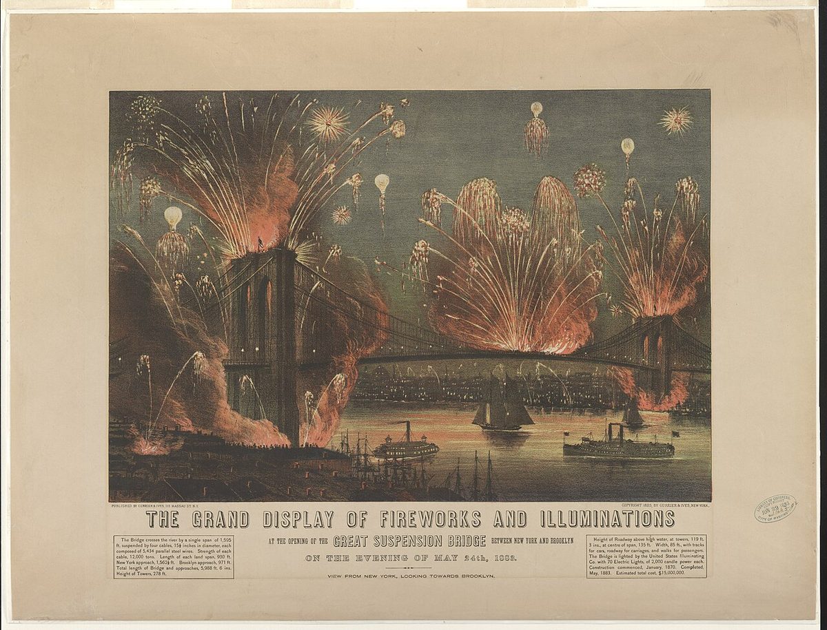 Print of the fireworks over the Brooklyn Bridge at its opening on May 24, 1883