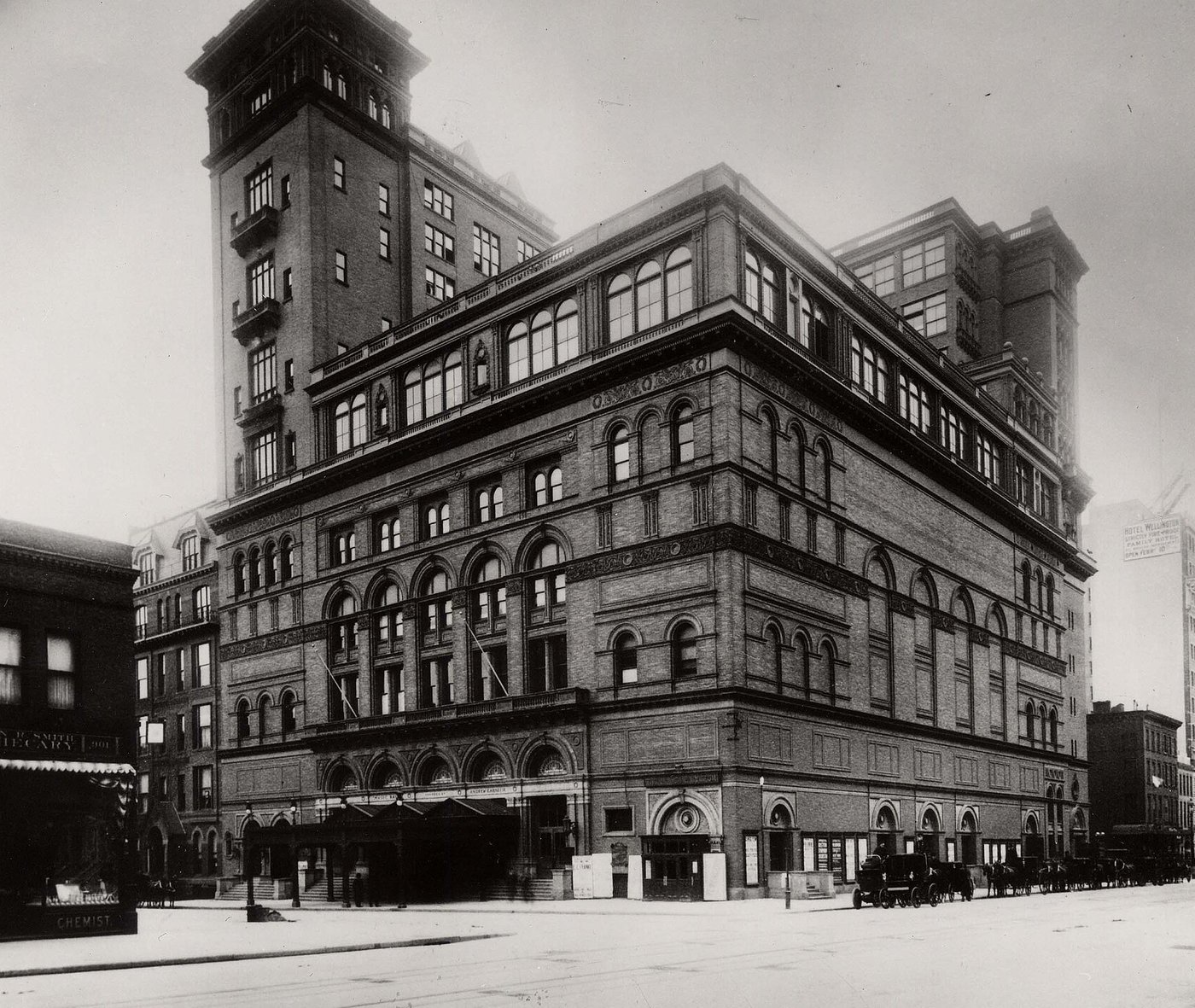 Carnegie Hall and its tower at Seventh Avenue and 57th Street in 1899.