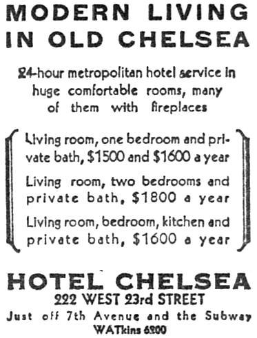 1929 New York Times advertisement for Hotel Chelsea, 'Modern Living in Old Chelsea'
