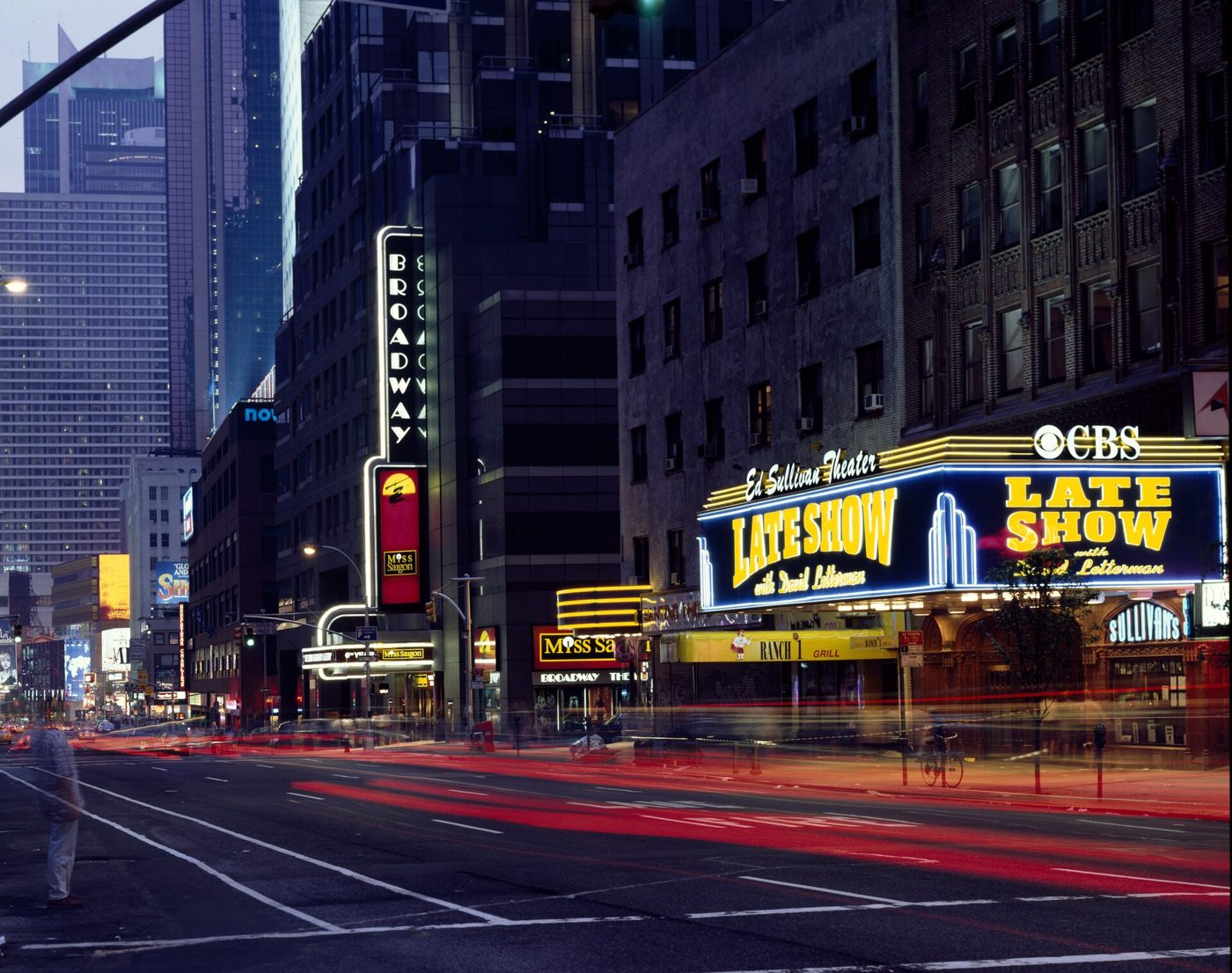 The Ed Sullivan Theater marquee reading Late Show at dusk on Broadway in Manhattan