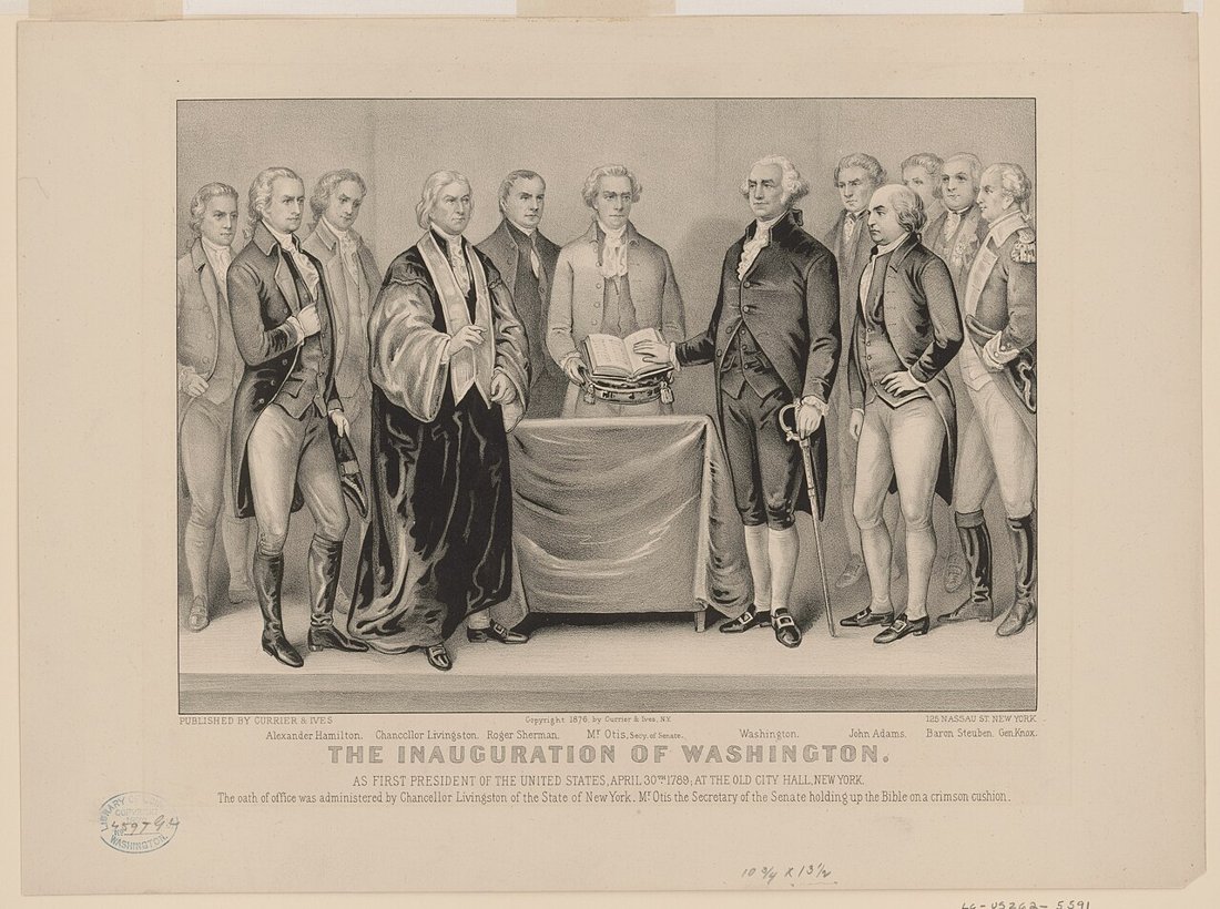 Lithograph of the inauguration of Washington at the old City Hall, April 30, 1789