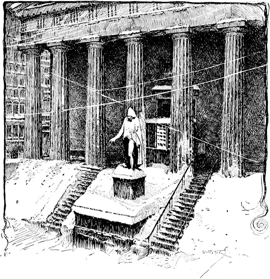 Illustration of the Sub-Treasury on Wall Street with the Washington statue on its steps