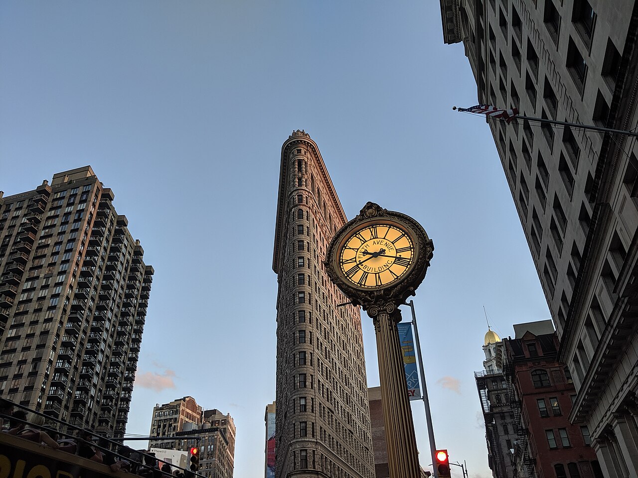 The Flatiron Building and Fifth Avenue Building Clock in 2019.
