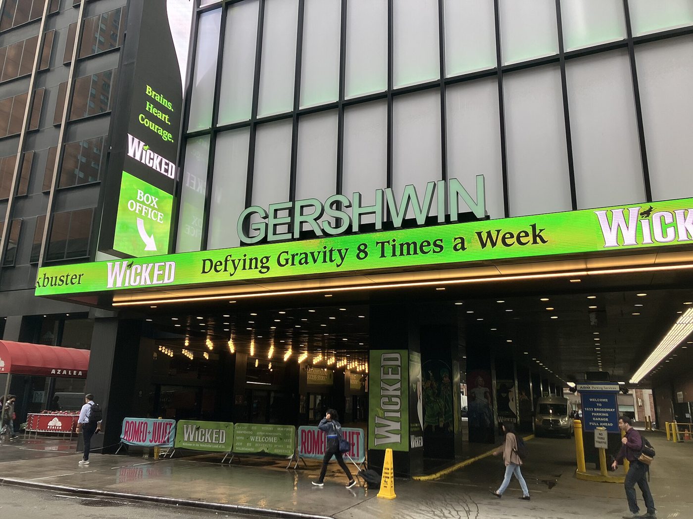 The Gershwin Theatre marquee and entrance on West 51st Street in Midtown Manhattan with Wicked signage