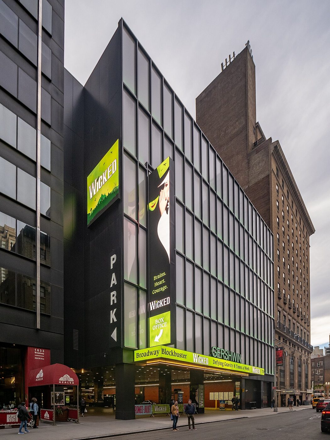 The Gershwin Theatre glass facade and Wicked banner on West 51st Street in Manhattan