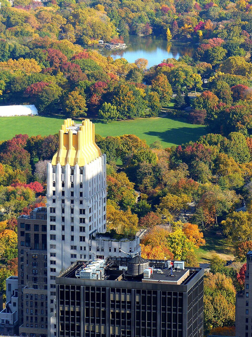 Aerial view of the gilded top of Trump Parc beside Central Park in autumn, Manhattan