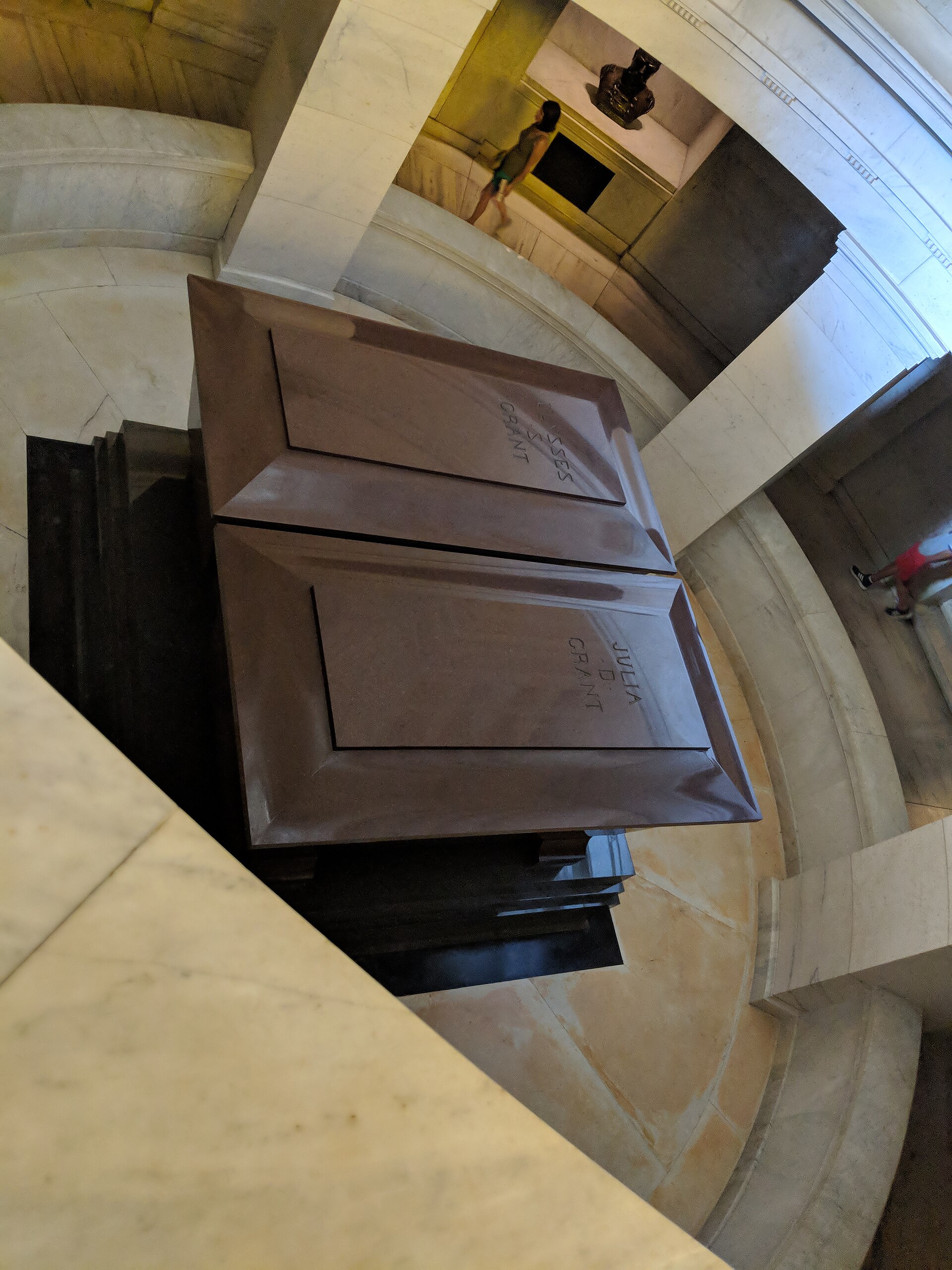 The twin red granite sarcophagi of Ulysses and Julia Grant in the crypt of the General Grant National Memorial