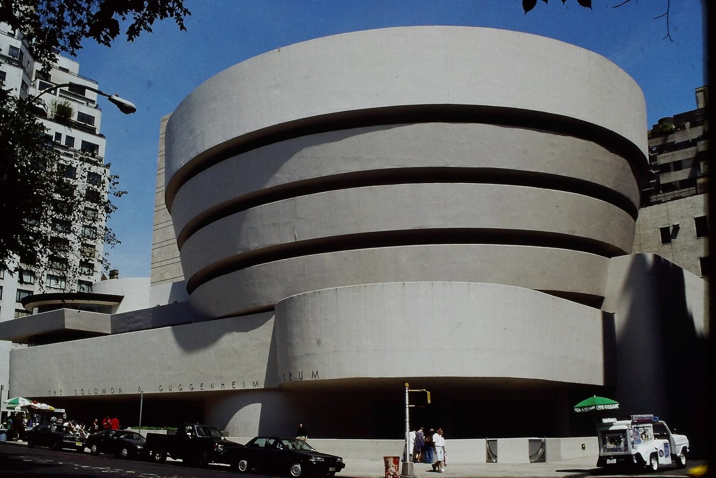 The white spiral rotunda of the Guggenheim Museum rising above Fifth Avenue