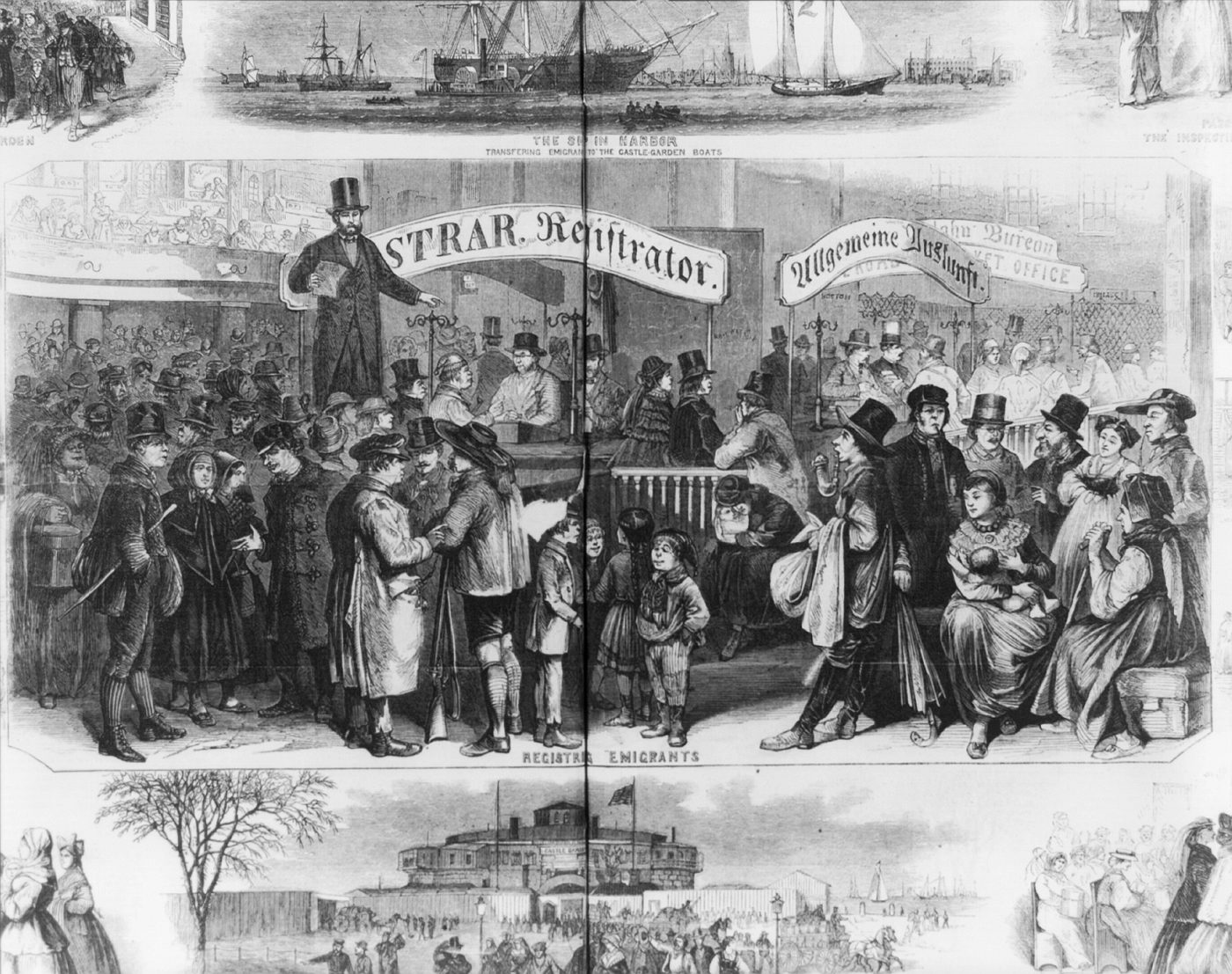 Wood engraving of crowds of immigrants gathered in front of Castle Garden in 1866, with a harbor scene above
