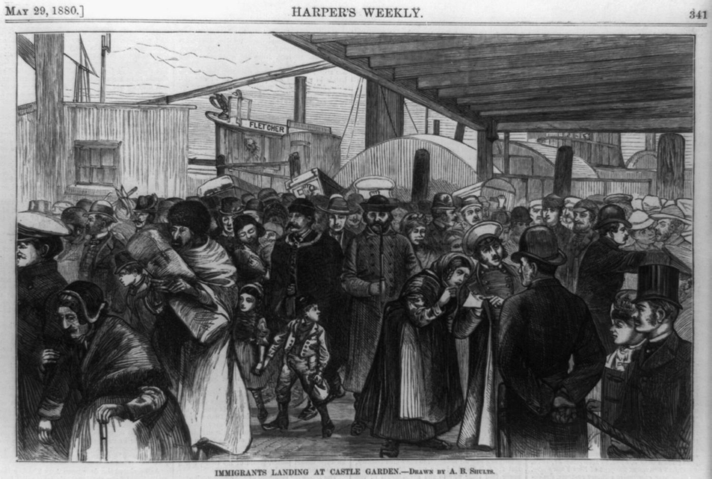 Harper's Weekly drawing of a crowd of immigrants landing at Castle Garden