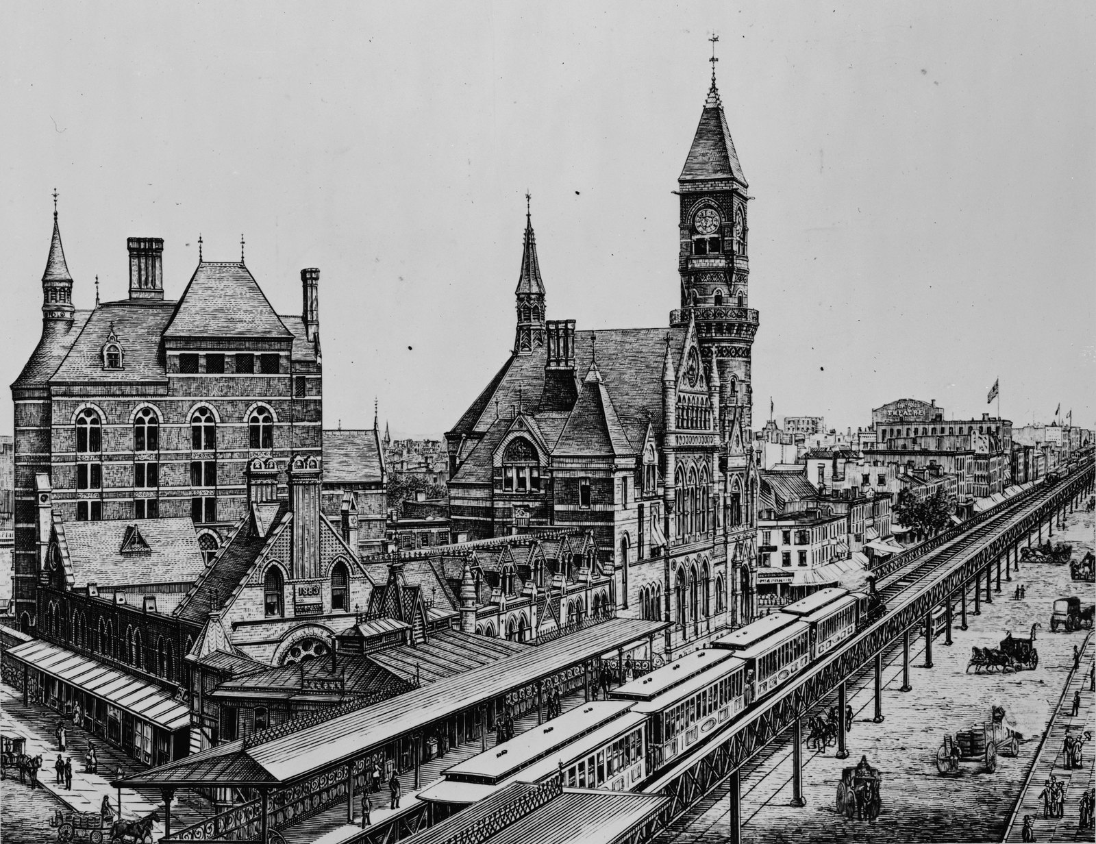 The courthouse looking north along Sixth Avenue around 1880.