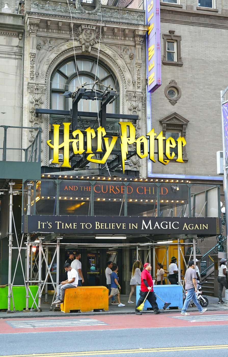 The Lyric Theatre marquee for Harry Potter and the Cursed Child on West 43rd Street in Times Square, Manhattan