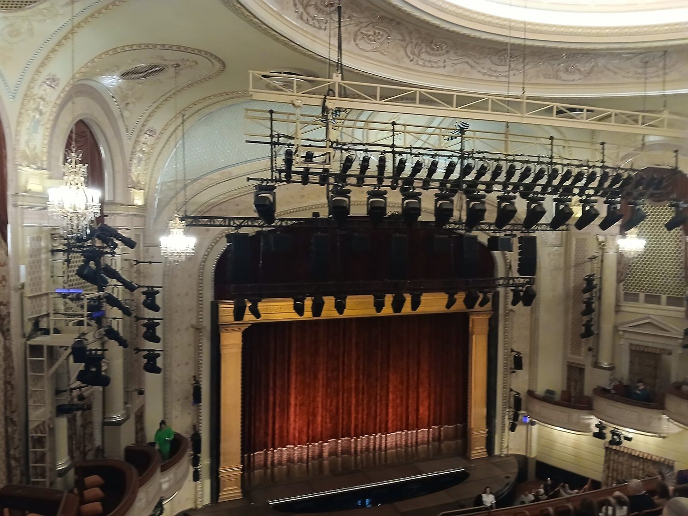 The auditorium and stage of the Majestic Theatre in Manhattan seen from the balcony, April 2025