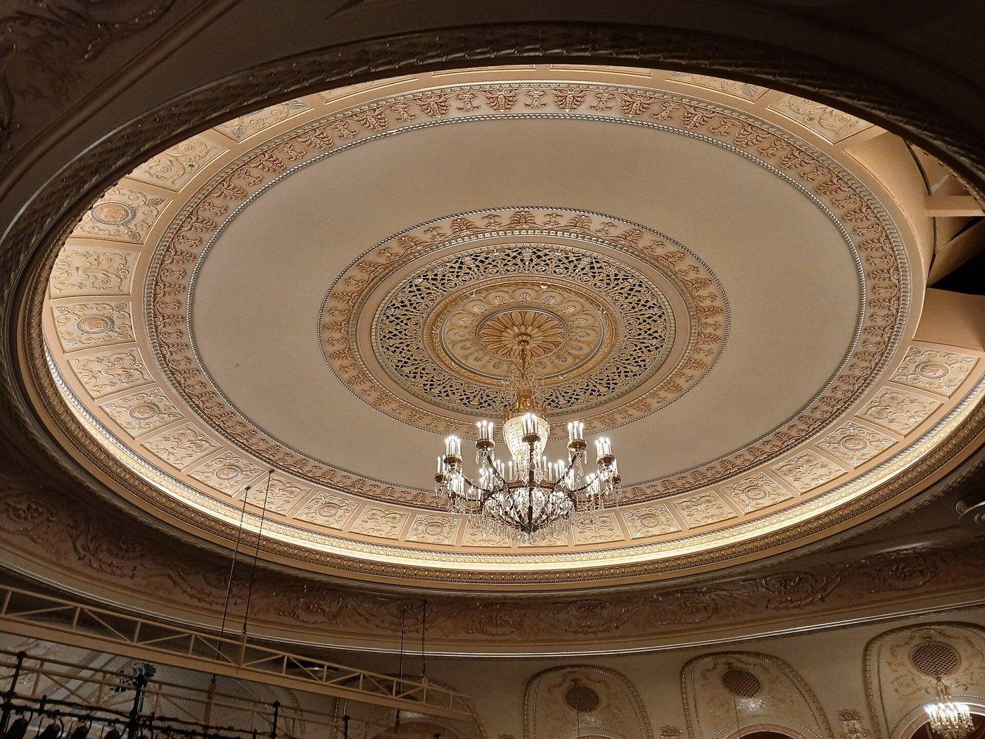 The domed ceiling and chandelier of the Majestic Theatre auditorium in Manhattan, April 2025