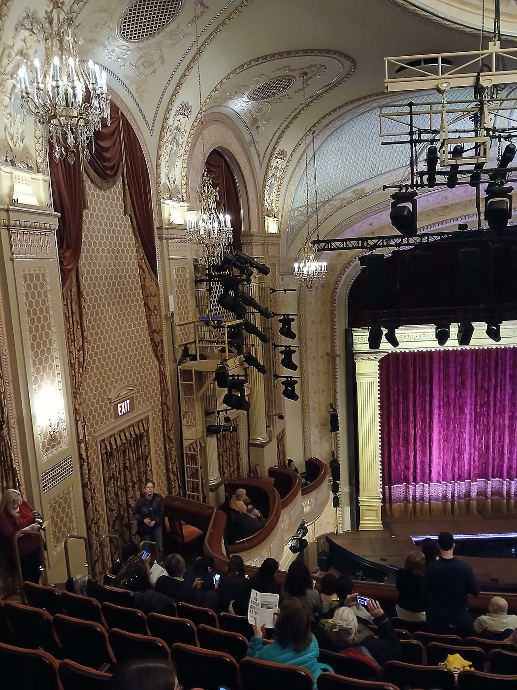 The proscenium box and stage curtain inside the Majestic Theatre in Manhattan, April 2025