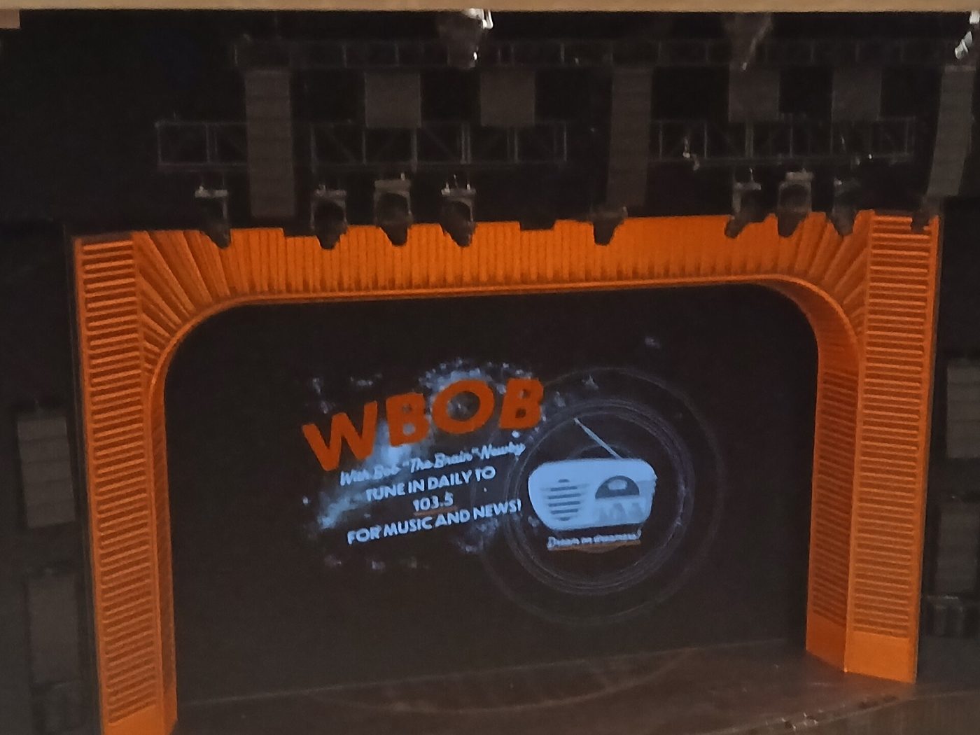 The stage and orange proscenium of the Marquis Theatre in Manhattan during Stranger Things: The First Shadow, September 2025