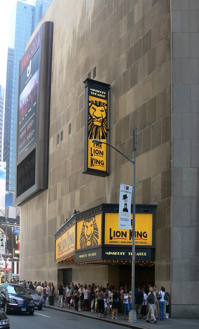 The Minskoff Theatre marquee and Lion King banner against the blank stone wall of One Astor Plaza in Manhattan, 2007