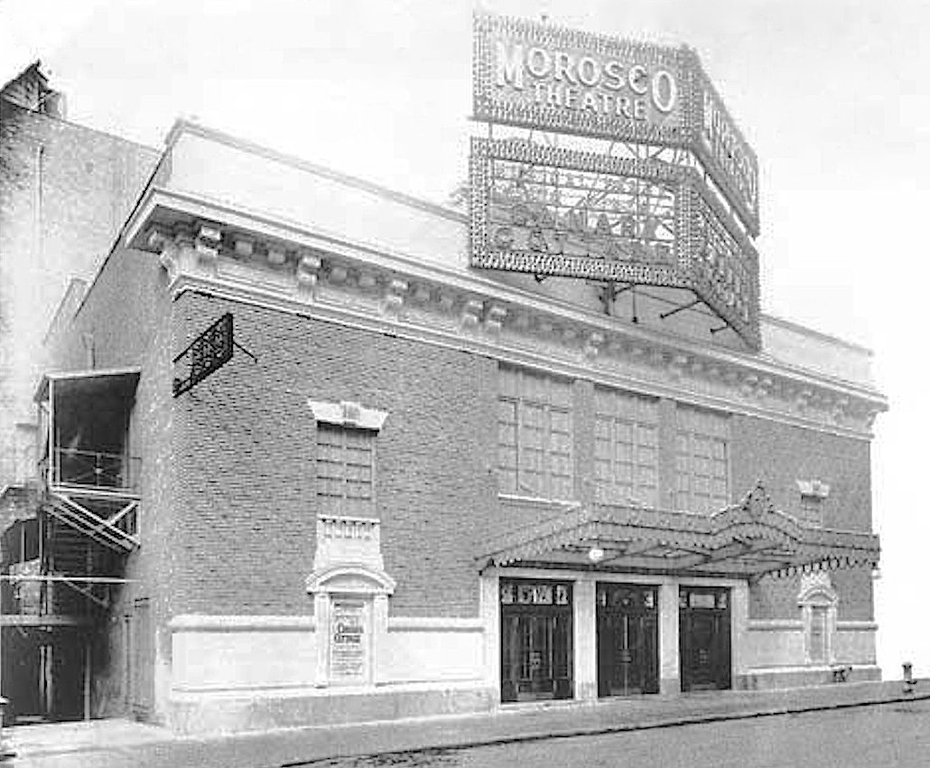 The Morosco Theatre on West 45th Street in Manhattan in 1917 with a sign announcing the opening play Canary Cottage