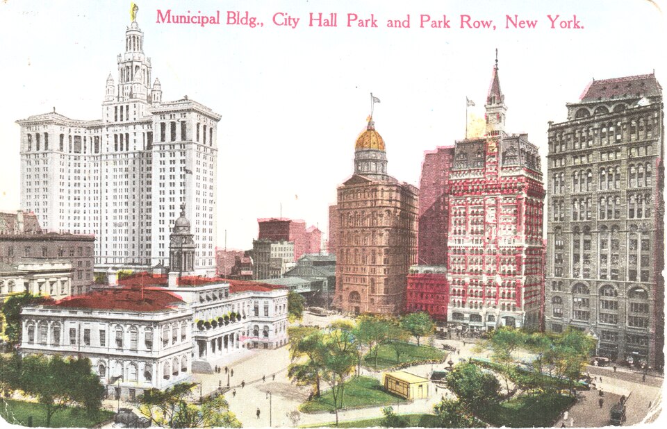 Early postcard view of City Hall Park and the Municipal Building