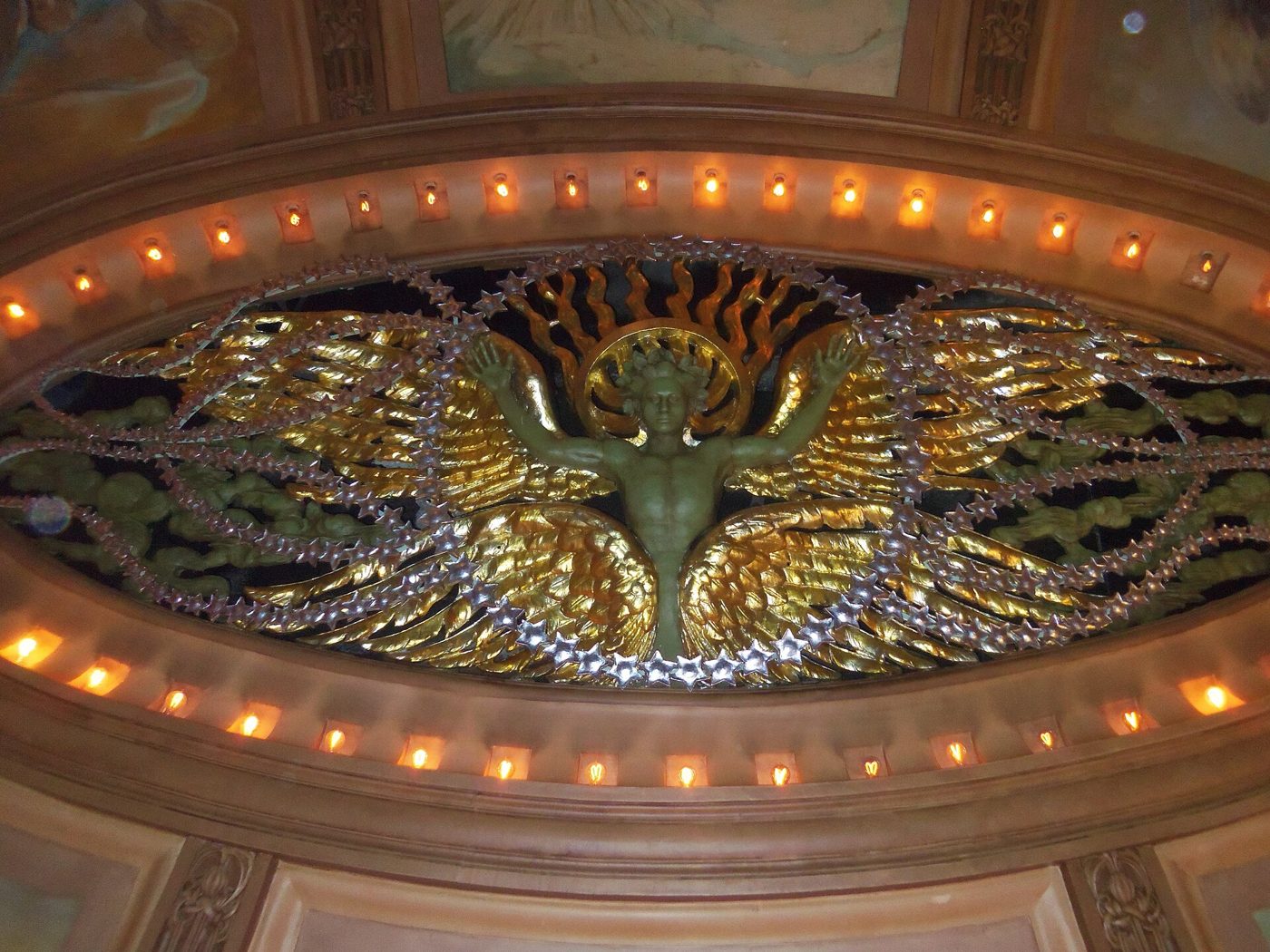 The Art Nouveau ceiling and ornament of the lower level of the New Amsterdam Theatre in Manhattan