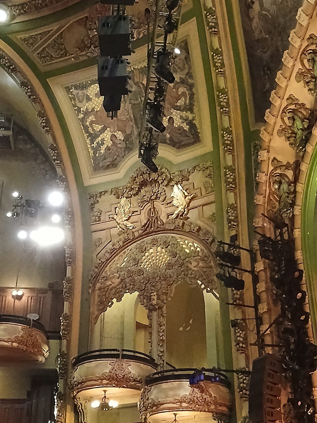 The proscenium boxes and ornamental plasterwork inside the New Amsterdam Theatre in Manhattan, 2025