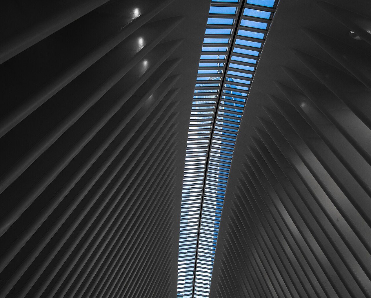 Black and white view upward through the ribbed ceiling window of the Oculus with a narrow strip of sky and a tower beyond