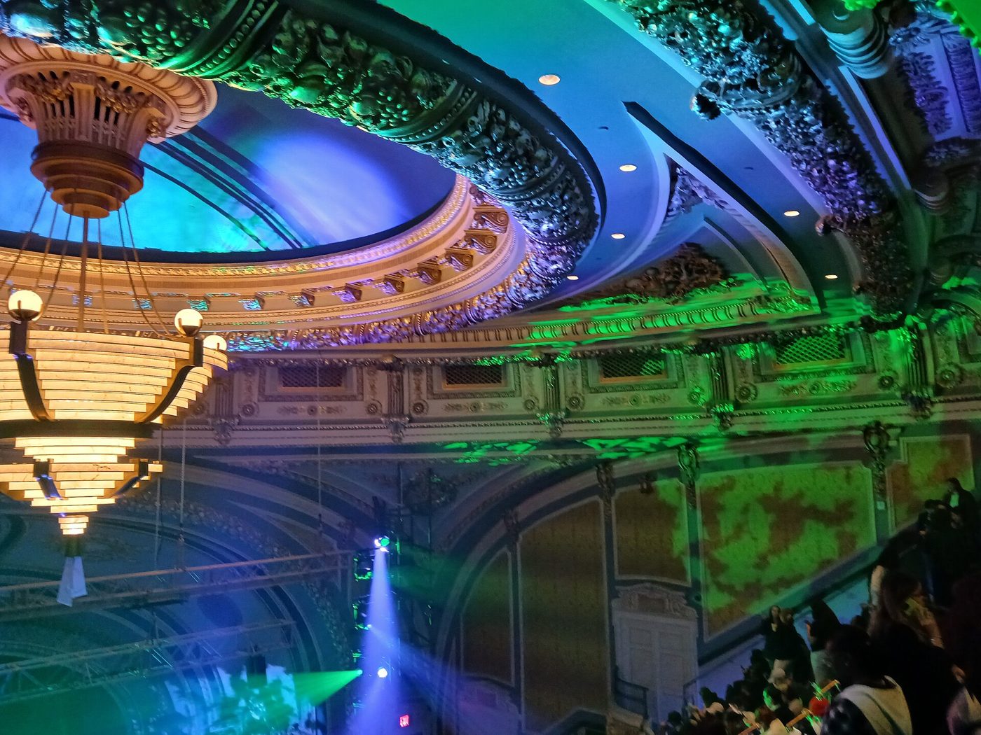 The decorated ceiling and chandelier in the auditorium of the Palace Theatre in Manhattan, October 2025