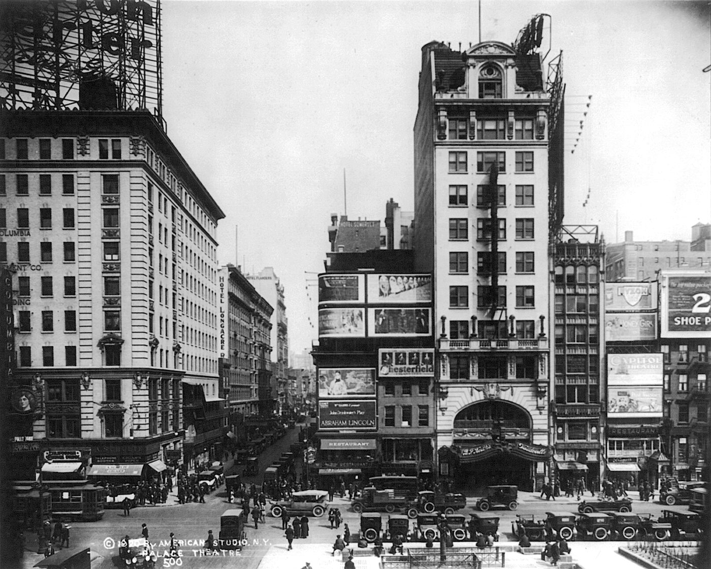 The Palace Theatre building seen looking east down 47th Street from Times Square in Manhattan, historic photograph