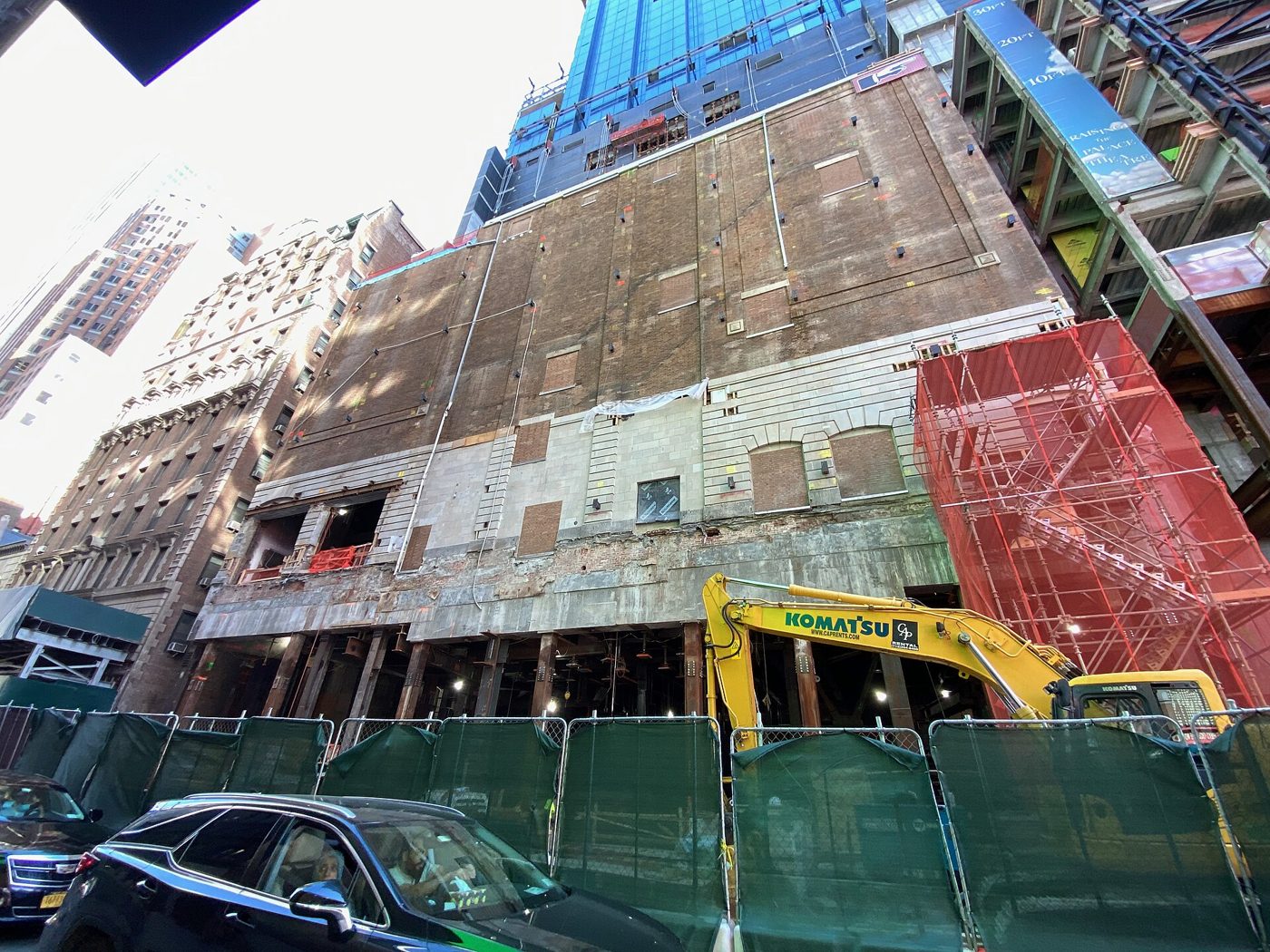 The Palace Theatre raised to its new level inside the TSX Broadway tower under construction in Times Square, Manhattan, May 2022