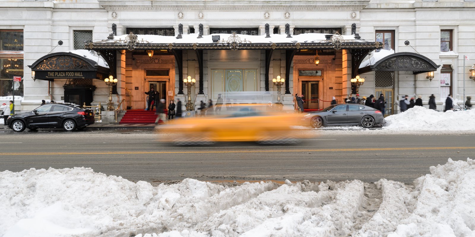 The Plaza Hotel seen from Central Park South in the snow, January 2016.