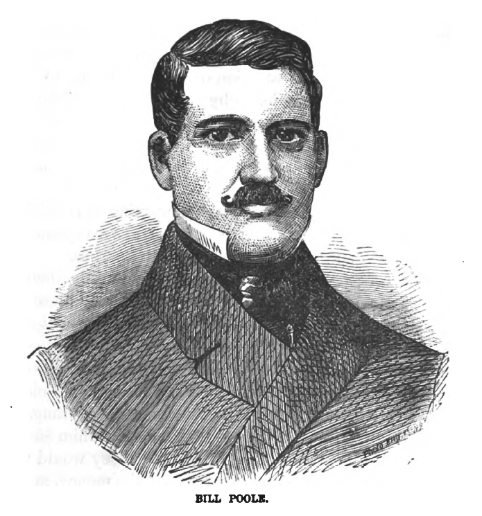 A nineteenth-century engraved portrait of Bill Poole, a dark-haired man with a mustache in a high collar