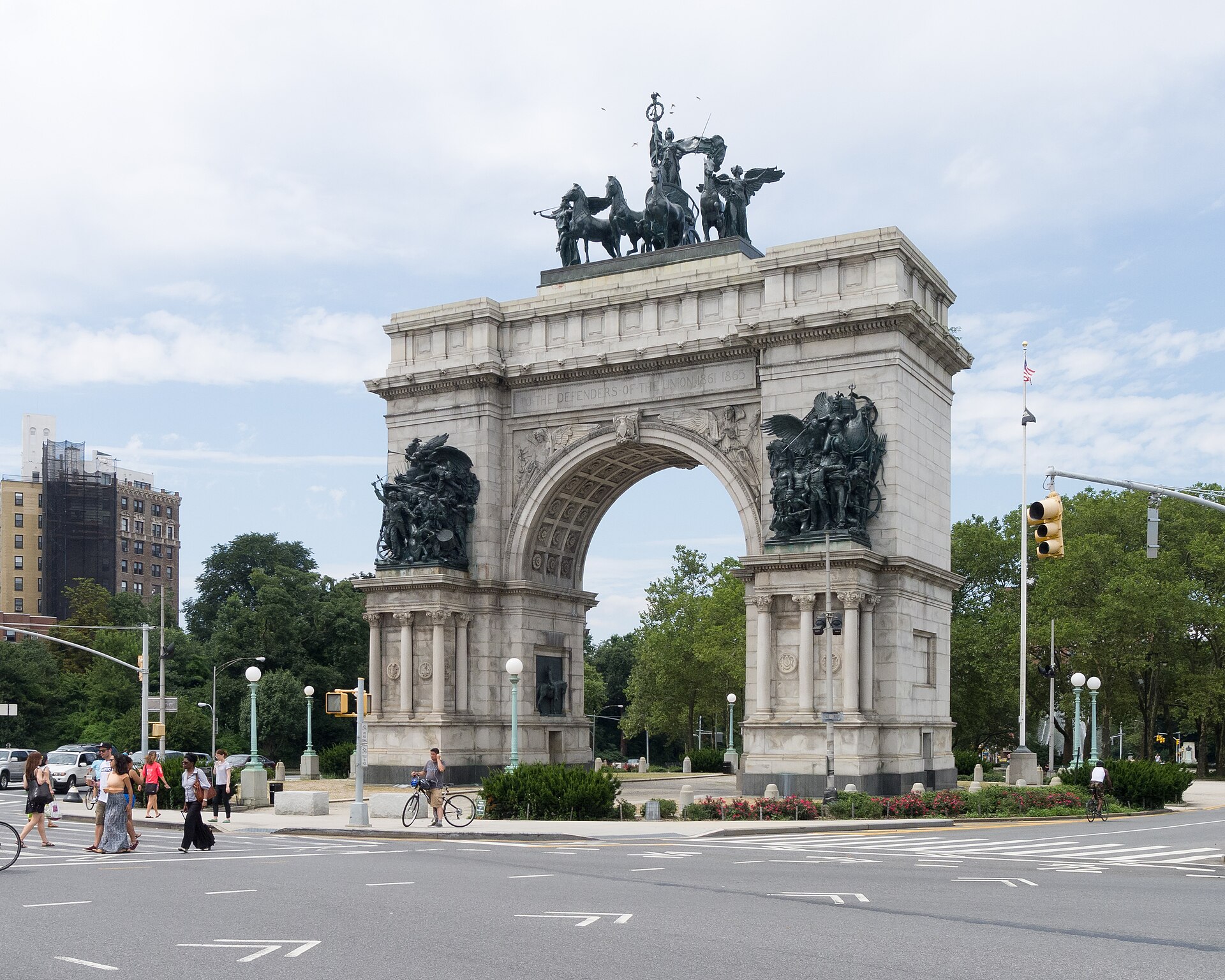 The Soldiers' and Sailors' Memorial Arch, a stone triumphal arch topped by a bronze four-horse chariot