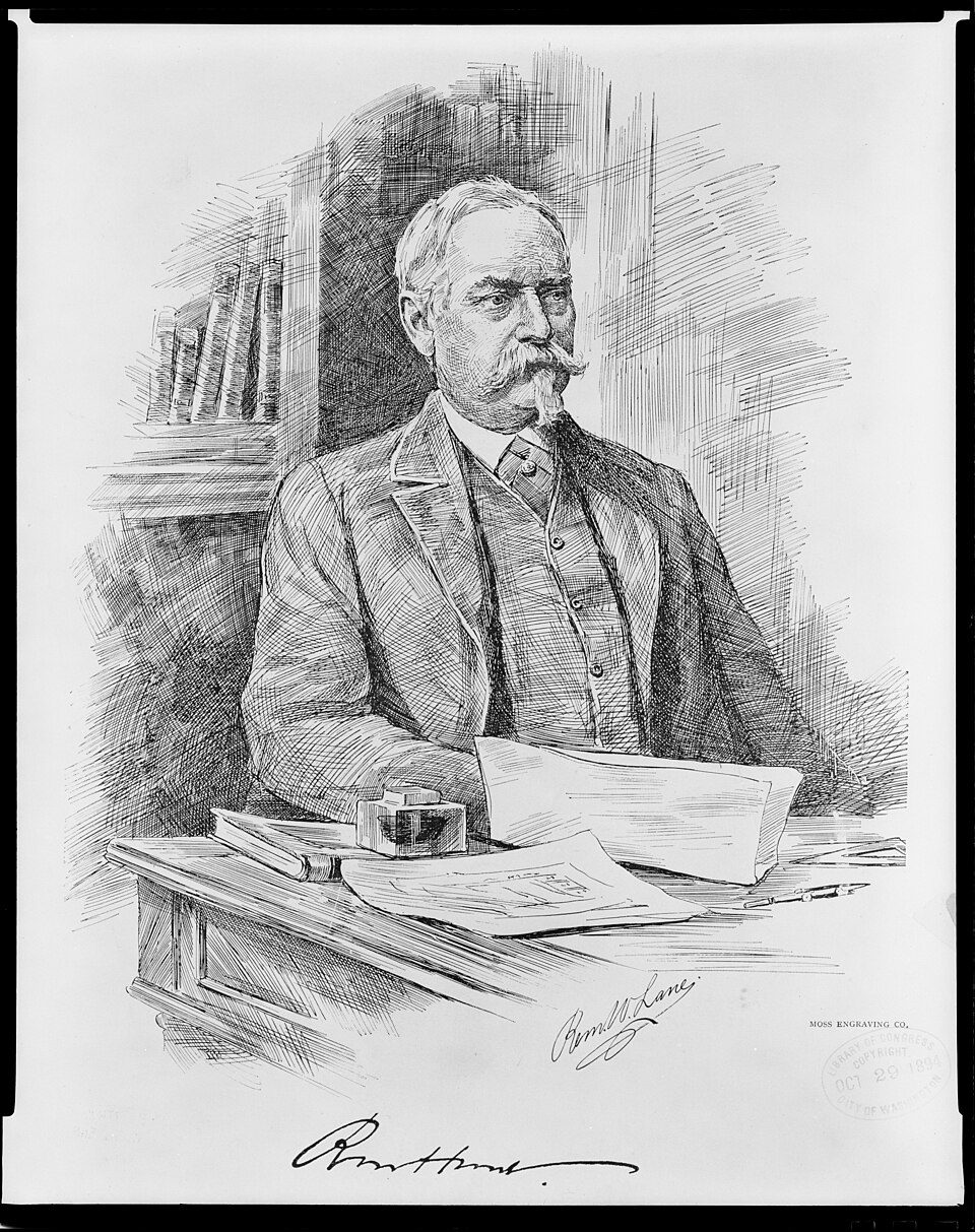 Pen portrait of Richard Morris Hunt seated at a desk