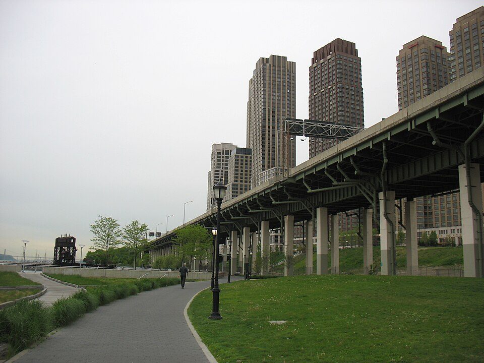 Riverside South towers beside the elevated West Side Highway on the Hudson River in Manhattan