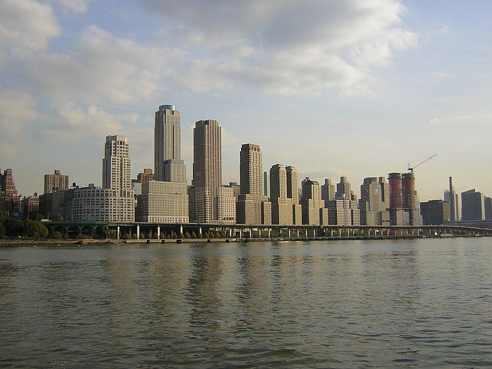 The Trump Place and Riverside South towers along the Hudson River seen from the water