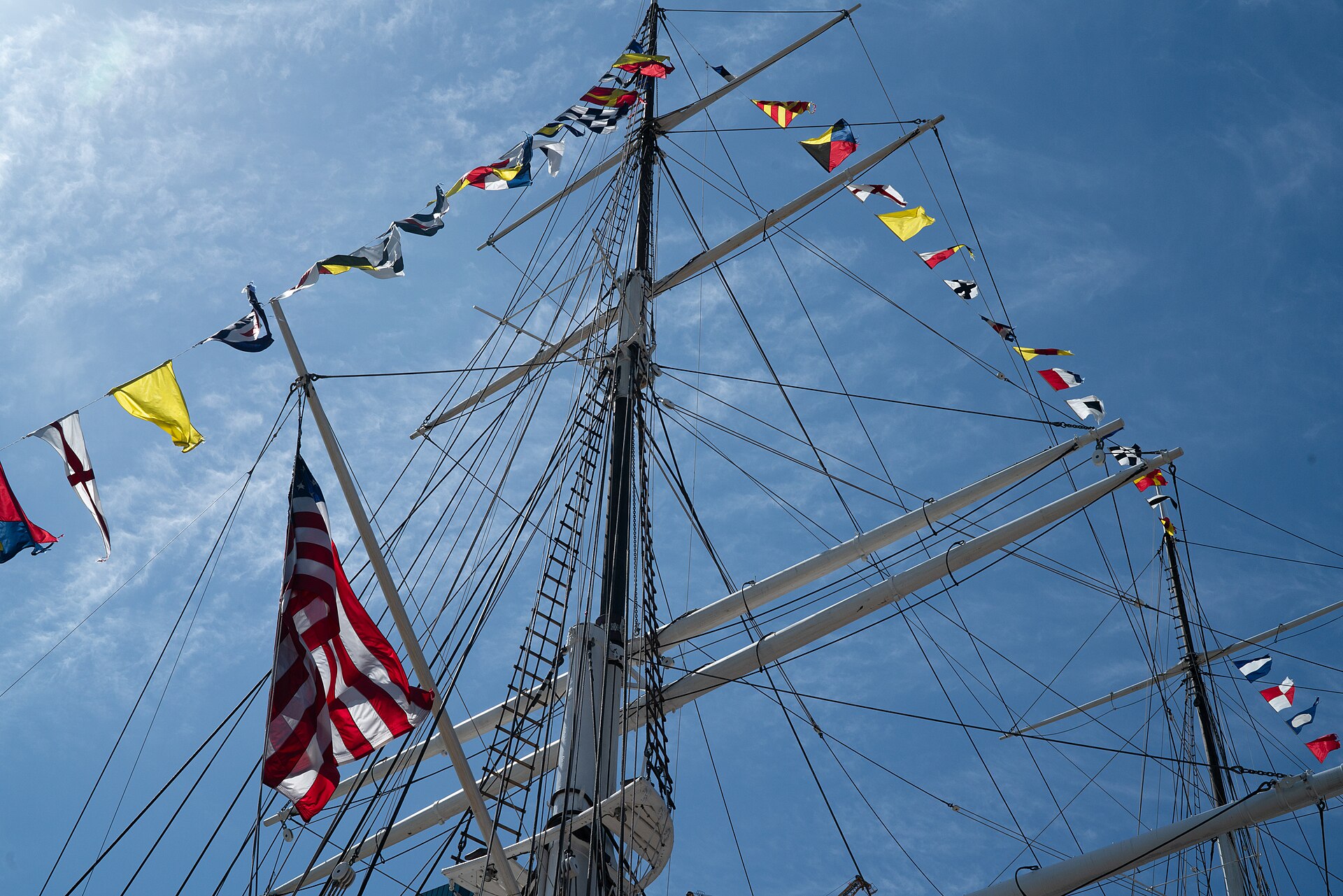 The 1885 tall ship Wavertree with its masts and rigging, moored at Pier 16