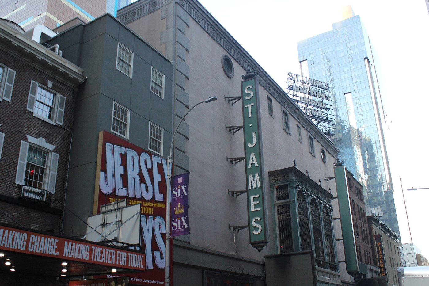 The St. James Theatre facade and vertical sign at 246 West 44th Street in Manhattan, October 2021