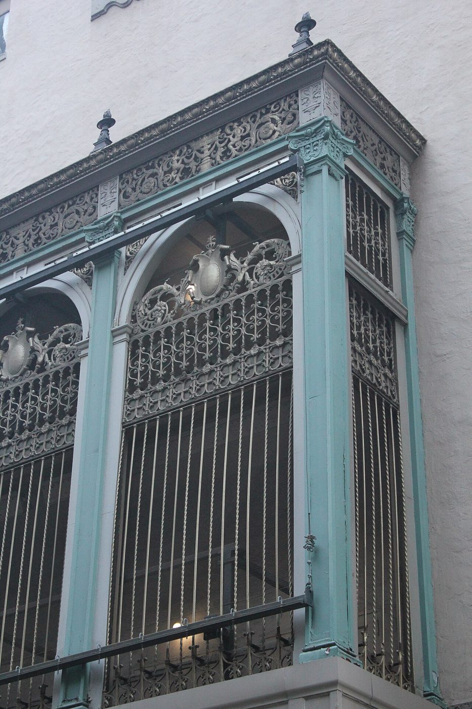 The wrought-iron grilles of the loggia on the St. James Theatre in Manhattan seen from West 44th Street