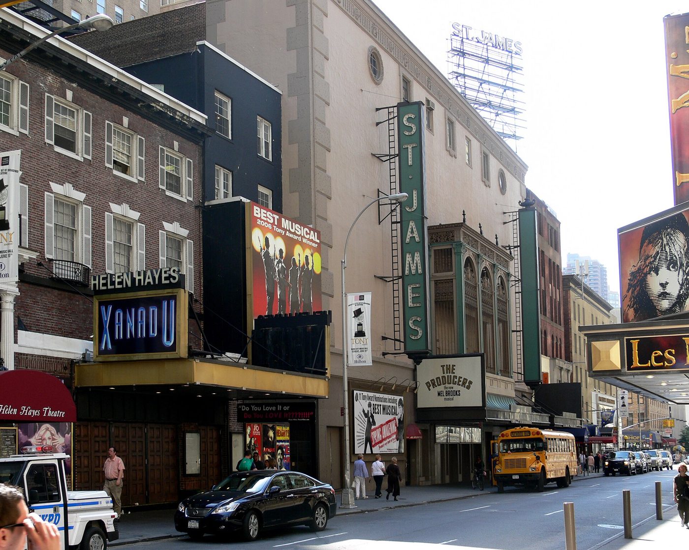 The St. James Theatre canopy and sign on West 44th Street in Manhattan with neighboring theaters, 2007